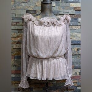 Adrianna Papell Metallic Mesh Taupe Shimmer Ruffled Edged Top Size 2 $139 NWT